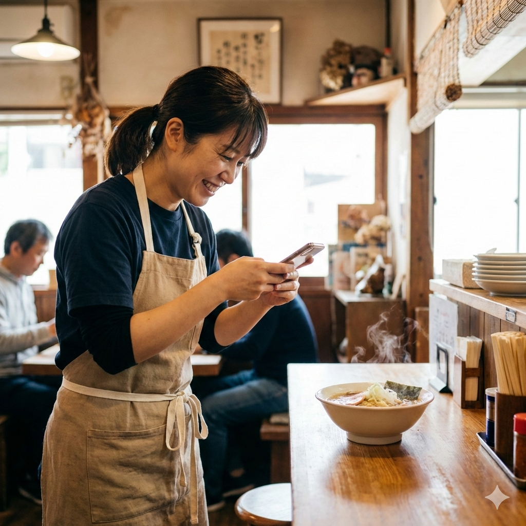 地域のお店でスマホを使って料理動画を撮影している様子
